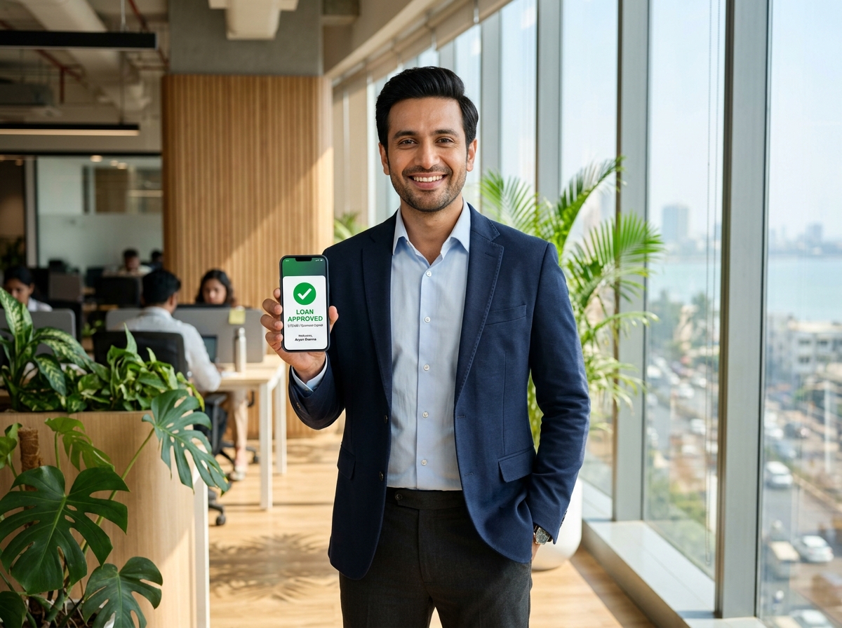 Confident Indian businessman receiving instant loan approval via Cred Fincorp